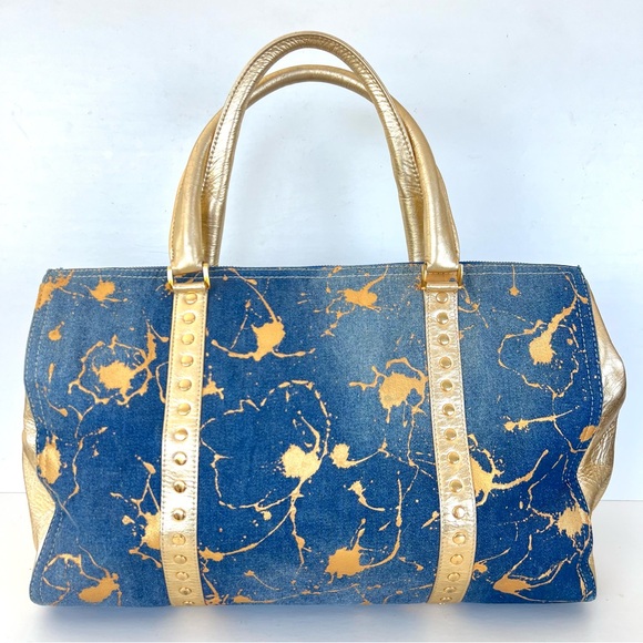 JUNIOR DRAKE Metallic Gold Studded Leather Blue Denim Weekender Oversized Tote - Picture 2 of 16